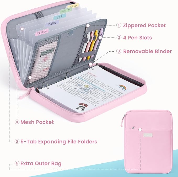 Sooez Zipper Binder Bag, 1 Inch Binders 3 Ring O-Ring, 5-Tab Dividers Expanding File Folder, 500-Sheet Capacity Three Ring Binder, Gray