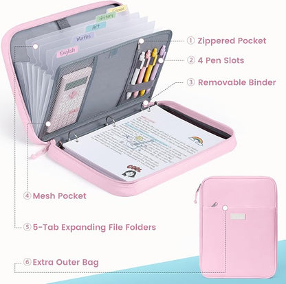 Sooez Zipper Binder Bag, 1 Inch Binders 3 Ring O-Ring, 5-Tab Dividers Expanding File Folder, 500-Sheet Capacity Three Ring Binder, Deep Purple