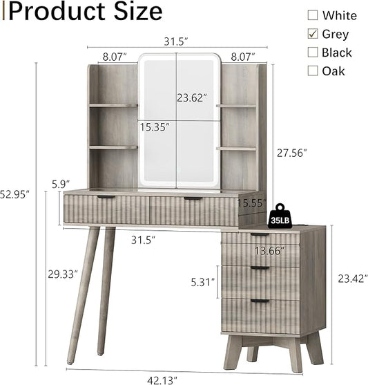 42'' Fluted Makeup Vanity Desk with LED Lights Mirror & Charging Station, Modern Glass Top Vanity Table with 5 Drawers & Open Shelves, Dressing Table for Bedroom, Living Room (Grey, 5 Drawers)