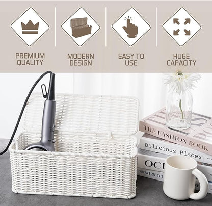 Cable Management Box, Handmade Rattan Cable Organizer with 2 Open Slots, Cord Hider for Power Strip, Router & USB Hub, Registered U.S. Design Patent (D1,112,102), 13" x 5.1" x 5.1", White