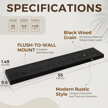 Dreamland 55 Inches Floating Shelves for Wall, 9.8" Deep Long Floating Shelves Set of 1, Large Display & Storage Shelf, Wall Shelf for Bathroom Bedroom Living Room Kitchen Office, Black