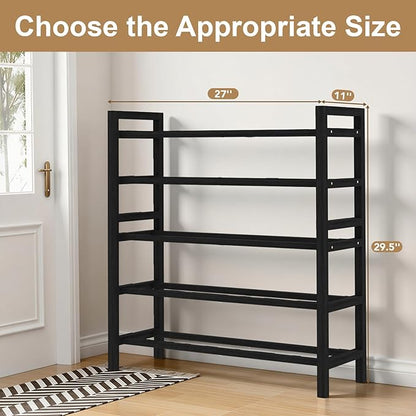 Haddockway Bamboo Shoe Rack for Closet, Free Standing Shoe Organizer with Smooth Round Rods & Convenient Handles, Stackable Shoe Storage Shelf for Entryway, Hallway(Black, 5-Tier)