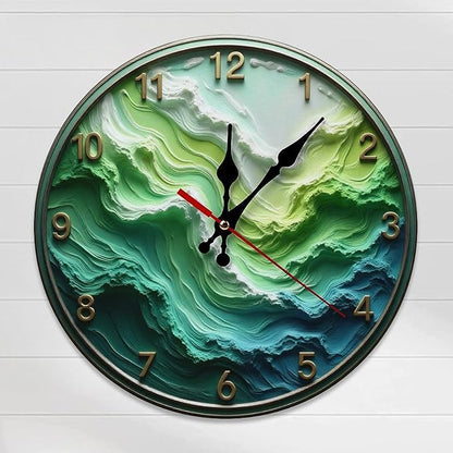 Wall Clock, Abstract Ocean Wave Non Ticking Wall Clocks Battery Operated, Teal Wooden Wall Clocks for Kitchen, Living Room, Bedroom, Office, Bathroom Decorative. 10 Inch