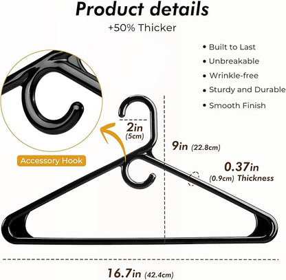 HOUSE DAY Quality Plastic Clothes Hangers 38 Pack – Super Heavy Duty 20lb Capacity Thick Strong Closet Hangers Black for Adult Clothing – Durable for Coats, Jackets, Jeans, Pants
