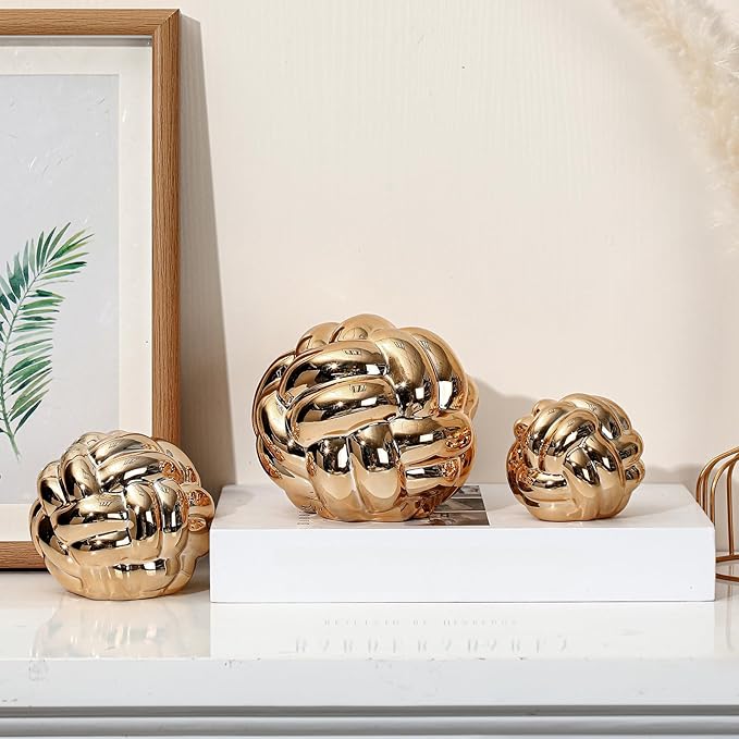 Wenqik 3 Pcs Gold Knot Decor, Link Coffee Table Bookshelf Decor Accents, Ceramic Decorative Objects, Modern Home Aesthetic Minimalist Book Shelf Decoration,3 Sizes