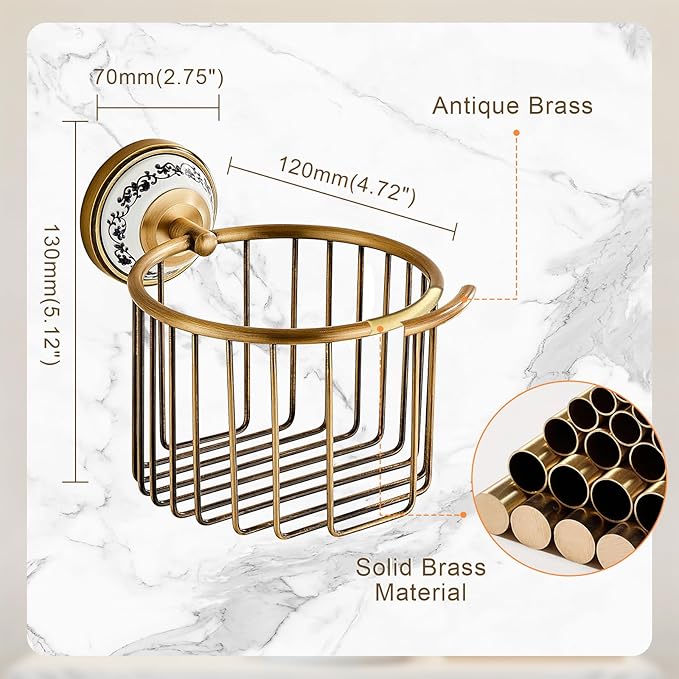 Vintage Wall-Mounted Toilet Paper Holder with Wire Basket Design, Antique Brass, Wall-Mounted Bath Hand Towel Holder with Ceramic Inlay, Vintage Style.
