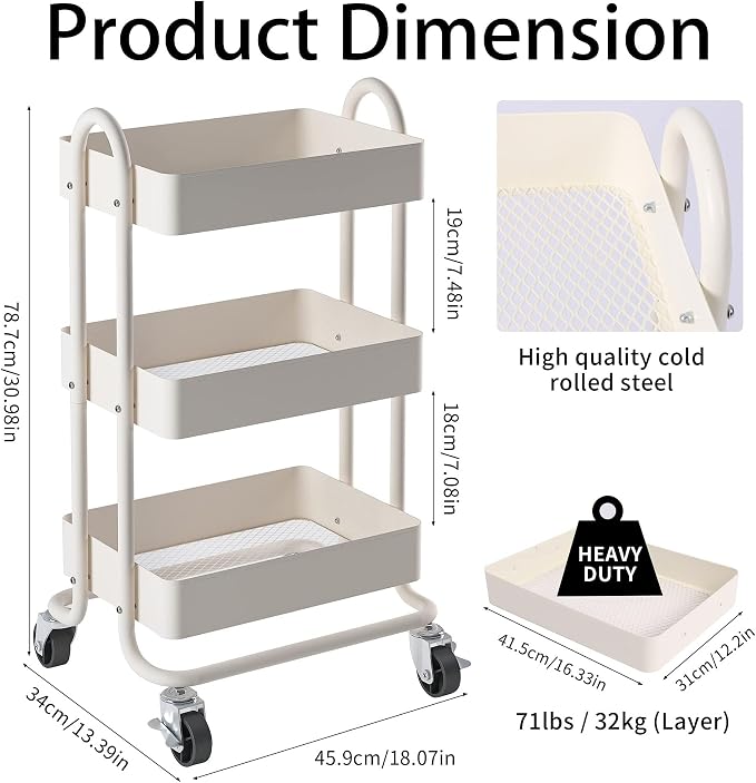 Metal Rolling Cart,3-Tier Metal Rolling Cart with Wheels,3 Tier Utility Cart with Wheels for Office,Home,Kitchen,Garden（13.4"x18.1"x31"） White