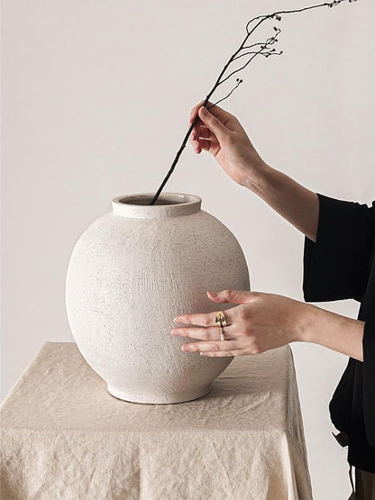 White Ceramic Vase - Large 10.8 Inch Round Floor Vase for Centerpieces, Farmhouse Flower Vases, Rustic Minimalist Home Decor (Sandstone White)