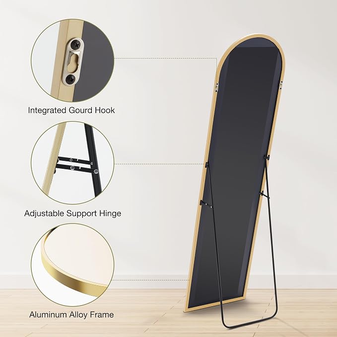 OLIXIS Arched Full Length Mirror 59"x16.3" for Bedroom, Full Body Mirror with Stand, Hanging or Leaning for Wall, Aluminum Alloy Thin Frame Floor Standing for Living Room, Long, Gold