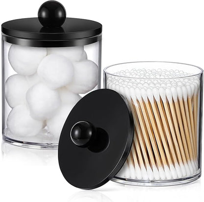 2 Pack Acrylic Qtip Holder Dispenser for Cotton Swabs, Balls, Pads, Floss - Plastic Canister Apothecary Jar Set, Bathroom Essentials Accessories Decor Vanity Makeup Storage Organizer - Clear & Black