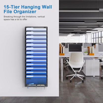 OUTWOLF 15 Tier Wall File Organizer with Hooks, Hanging Wall File Holder Wall Mount Paper Folder Organizer for Office, Magazine Rack