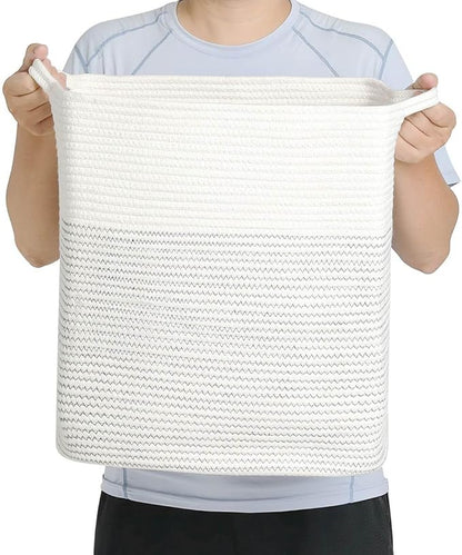 Tall Laundry Basket With Handles,Woven Cotton Rope Big Laundry Hamper Sorters,Versatile Storage for Dirty Clothes,Baby Toys,and Blankets in Bathroom, Nursery,and Living Room (White/Black Line, 80L)