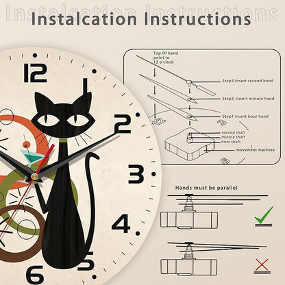 Wall Clock, Black Cat Wall Clocks Wooden Wall Clock Art Hanging Clocks Silent Non-Ticking Wall Clock Battery Operated Round Home Arabic Numeral Decorative Wall Clocks 10 Inch