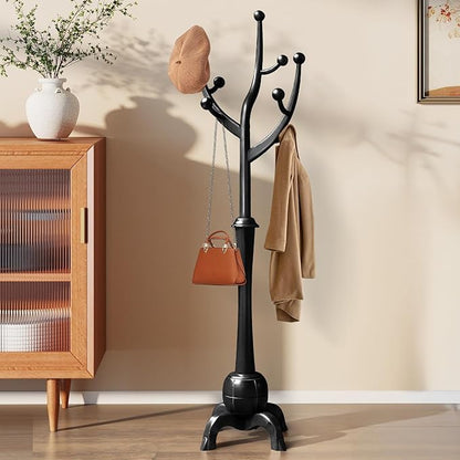 Wooden Coat Rack Freestanding with 8 Hooks, Heavy Duty Coat Hanger Stand with Stable Base, Vintage Coat Tree Standing Coat Racks for Entryway, Hallway, Bedroom (Black)