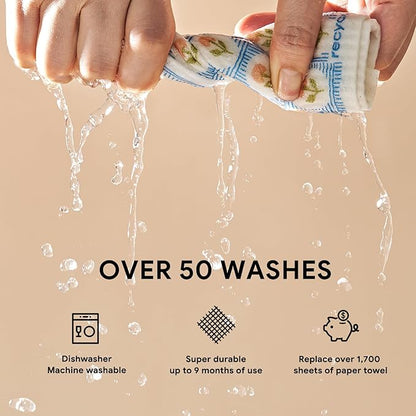 RECYCO Swedish Dishcloths for Kitchen | 6 Packs Bloom Tiles Washable Dish Rags | Cellulose Reusable Cleaning Paper Towels | Absorbent Counter Dish Cloth Sponge Kitchen Wipes, 8" L x 7" W
