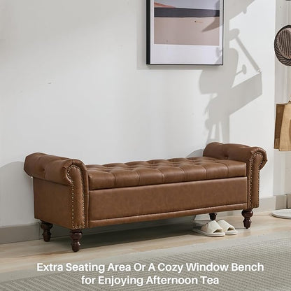 58.1" Storage Bench Upholstered PU Leather End of Bedroom Bed Bench Ottoman with Tufted Cushioned Rolled Arm Large Storage Space for Reading Living Room Entryway, Brown