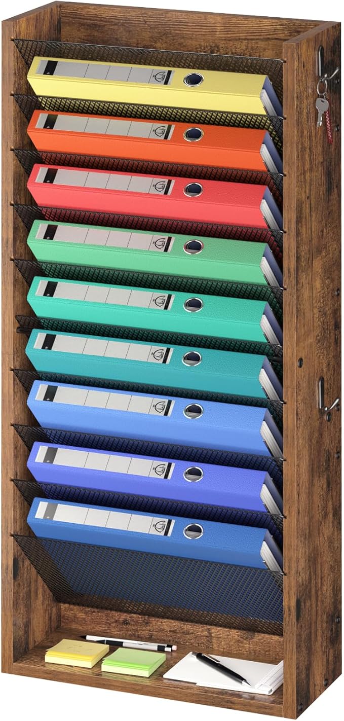 Hanging Wall File Organizer, 11 Tier Wood Wall File Holder with 4 Hooks, Mail Organizer Wall Mounted with Bottom Flat Tray, Vertical Paper Desk Storage for Office, Home, Rustic Brown