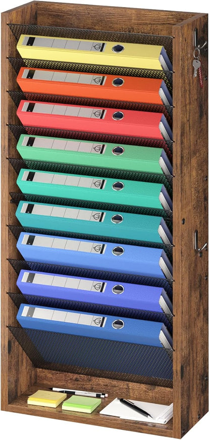 Hanging Wall File Organizer, 11 Tier Wood Wall File Holder with 4 Hooks, Mail Organizer Wall Mounted with Bottom Flat Tray, Vertical Paper Desk Storage for Office, Home, Rustic Brown