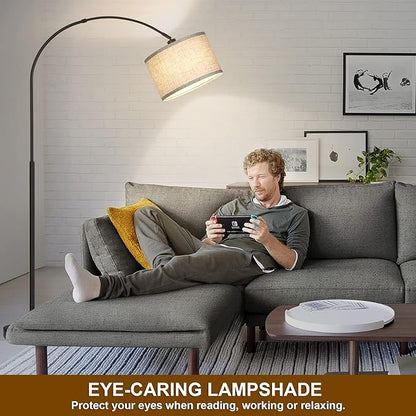 Seaside village Arc Floor Lamps for Living Room, Modern Standing Lamp with Adjustable Hanging Drum Shade, Tall Pole Lamp with Foot Switch, Over Couch Arched Reading Light for Bedroom, Office (Black)