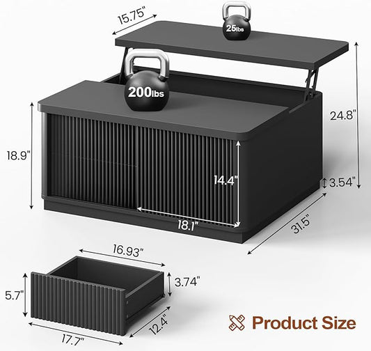 Itaar 39.4'' Lift Top Coffee Table with Storage, Fluted Coffee Tables for Living Room, Square Coffee Table with Large Hidden Compartment & 2 Drawrs & Adjustables Shelves, Black