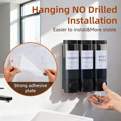 Shampoo and Conditioner Dispenser,Shower Soap Dispenser 3 Chamber No Drill Wall-Mounted Shampoo Dispenser for Shower Wall Mounted Shower Dispenser for Bathroom Hotel Large Capacity,Black