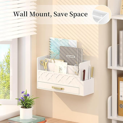 Wooden Desk Organizer,Desktop Organizer File Sorter for Office Supplies, Mail Organizer with Drawer,Desk Accessories & Workspace Organizers for Women （White）