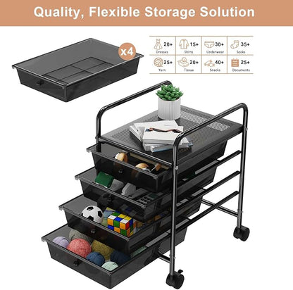 4-Tier Utility Cart with 4 Drawers, Rolling Utility Cart with 2 Lockable Caster Wheels, Multipurpose Mobile Rolling Drawer Cart for Office Bathroom Kitchen, Transparent Black