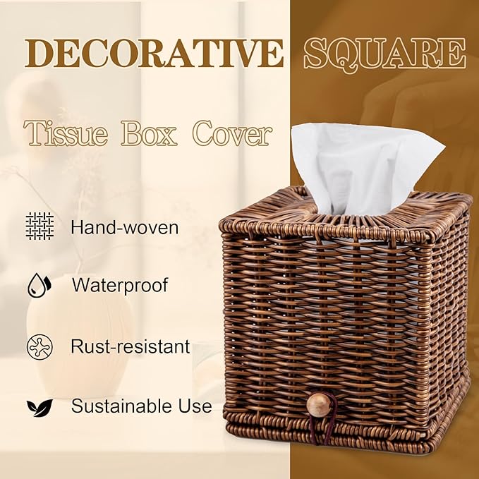 Rattan Tissue Box Cover Square Natural Woven Decorative Rectangle Tissue Box Holder Bathroom Napkins Roll Paper Face Towels Organizer on Table Rustic Boho Decorative 5.5 X 5.5 X 5.9in