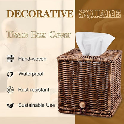 Rattan Tissue Box Cover Square Natural Woven Decorative Rectangle Tissue Box Holder Bathroom Napkins Roll Paper Face Towels Organizer on Table Rustic Boho Decorative 5.5 X 5.5 X 5.9in
