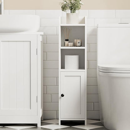 Homhedy Small Bathroom Storage Corner Floor Cabinet with Door and Shelves, Beside The Toilet Paper Stand for Skinny, Narrow Toilet Paper Cabinet, 9.8" D x 7.9" W x 31" H, White