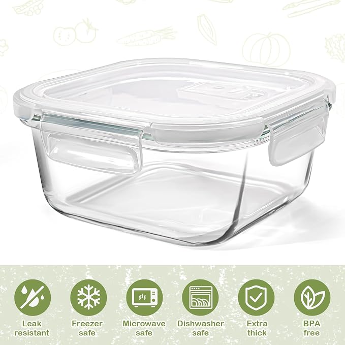 Square Glass Containers with Lids 24oz - Borosilicate Glass Food Storage Set 3 Cup, Freezer Safe Meal Prep Containers, Sandwich Lunch Box, Yogurt Cereal Bowls with Vented Lids BPA Free 4 Pack