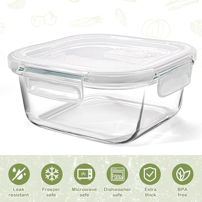 Square Glass Containers with Lids 24oz - Borosilicate Glass Food Storage Set 3 Cup, Freezer Safe Meal Prep Containers, Sandwich Lunch Box, Yogurt Cereal Bowls with Vented Lids BPA Free 4 Pack