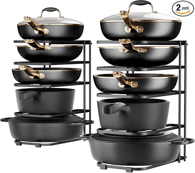 ORDORA 2 Pack Pots and Pans Organizer under Cabinet 13.58" Tall, 5-Tier Pan Organizers inside Cabinet, Space Saving Kitchen Storage Pot Rack for Baking Pan Cast Iron Skillets Cookware - No Assembly