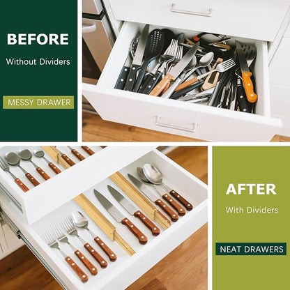 Lzerking Kitchen Drawer Dividers 6 Pack, 17-22" Adjustable Bamboo Drawer Organizers Large, Spring Loaded, Expandable Utensil Organizer, Works in Kitchen, Dresser, Closet, Bathroom, Bedroom