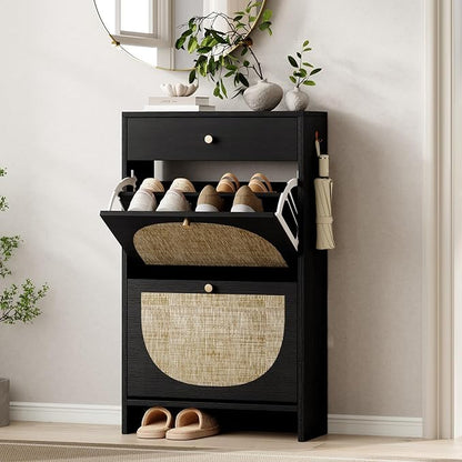 Nicetree Shoe Cabinet for Entryway, Slim Shoe Rack with 2 Flip Drawers and Top Storage Drawer, Narrow Shoe Organizer with Printed Rattan-Look Design, Entryway Shoe Storage for Size 12 Shoes, Black