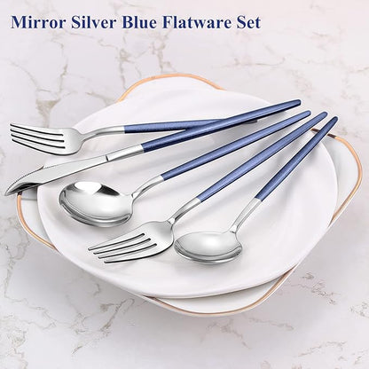 VANVRO Mirror Silver Blue Silverware Set, 20-Piece Stainless Steel Flatware Set, Satin Finish tableware Cutlery Set, Service for 4, Home and Restaurant, Dishwasher Safe