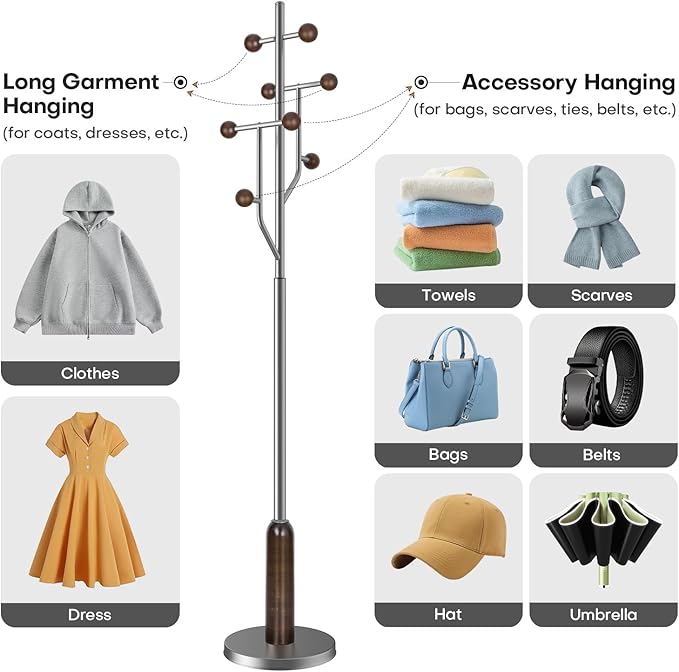 Coat Rack Freestanding with Stainless Steel Marble Base, 8 Wood Ball-shaped Hooks, Heavy-Duty Standing Rack Clother Hanger Rack Metal Coat Tree for Bedroom Entryway, Hat, Bags, Long Dresses