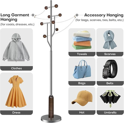 Coat Rack Freestanding with Stainless Steel Marble Base, 8 Wood Ball-shaped Hooks, Heavy-Duty Standing Rack Clother Hanger Rack Metal Coat Tree for Bedroom Entryway, Hat, Bags, Long Dresses