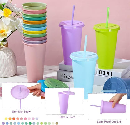 Dandat 24 Pcs Pastel Tumblers Bulk 24 oz Plastic Tumblers with Lids and Straws Reusable Skinny Cups Plastic Tumbler Bulk Colored Cups with Lids and Straws for Parties Christmas Gifts