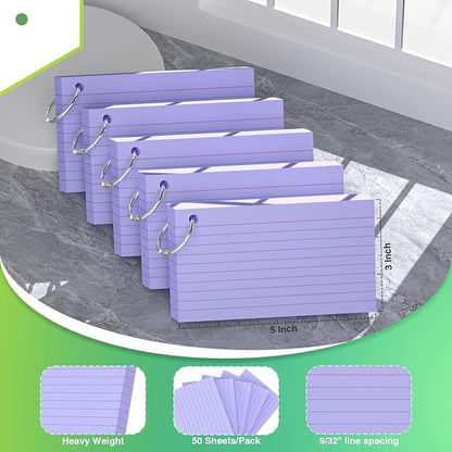 250 Count Purple Index Cards with Ring 3 x 5 Inch Heavyweight Ruled Index Cards, Flash Cards for School & Office Supplies and Home Organization, Durable Study To Do List Note Cards with Ruled Lines