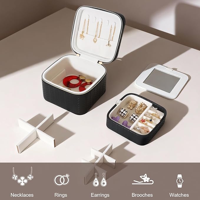 DesignSter Travel Jewelry Case for Woman, Small Travel Jewelry Box with Mirror,4.72×4.72×3.54 inches,Portable Design Travel Jewelry Organizer,Double Headed Zipper