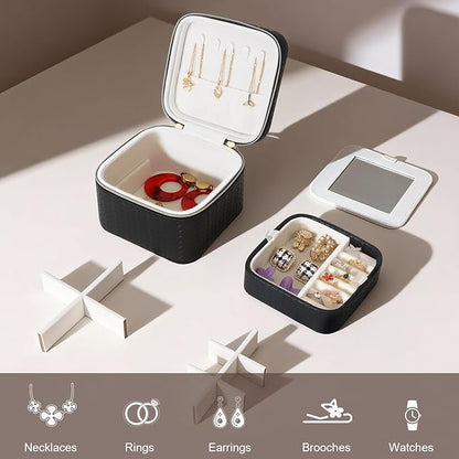 DesignSter Travel Jewelry Case for Woman, Small Travel Jewelry Box with Mirror,4.72×4.72×3.54 inches,Portable Design Travel Jewelry Organizer,Double Headed Zipper