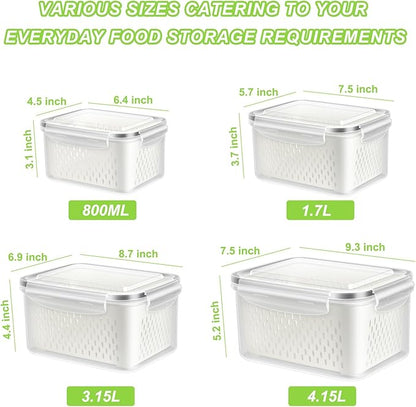 Fruit Storage Containers for Fridge, 4 Pack Produce Saver Vegetable Container with Drain Colanders - Refrigerator Organizer for Lettuce Keepers Berry Container