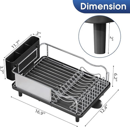 Urackify Stainless Steel Dish Drying Rack - Large Capacity Kitchen Counter Organizer with Drain Board, Utensil Holder & Detachable Cup Shelf, Surgical-Grade Rust-Proof Dish Drainer, Easy Assembly