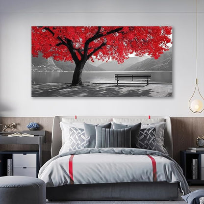 Tarfupth Black and White Red Large Tree of Life Wall Art for Living Room Mountain Artwork Landscape Lake Pictures for Bedroom Office Home Decor Modern Canvas Prints 29"x58"