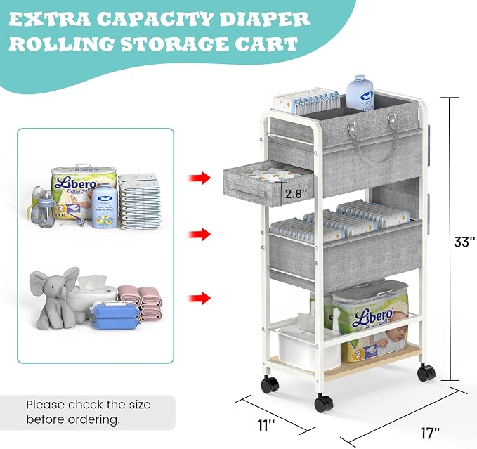 LIDTOP 2In1 Diaper Caddy & 4-Tier Rolling Diaper Cart, Diaper Caddy Organizer Cart with Dividers & Drawer, Mobile Metal Bedside Cart for Baby Nursery Essentials Storage, Large Capacity, White