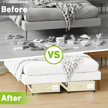 Molutsody Under Bed Storage with Wheels, 2-Pack Underbed Storage Containers with Clear Lids, Under Bed Shoe Storage Organizer, Rolling Under Bed Storage for Clothes Shoes Blankets (Beige)