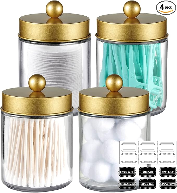 Amolliar 4 Pc Glass Apothecary Jars - Countertop Qtip Dispenser Holder with Stainless Steel Lids &Cute Stickers -Bathroom Vanity Storage Organizer Set for Qtips,Cotton Swabs,Makeup Sponges(Gold)