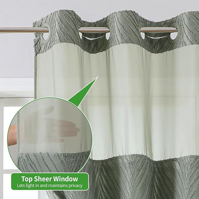no Hook Shower Curtain and Liner Set，Boho Style with See Through Top Window, Black Fabric Tufted Striped Textured Outer Curtain & Waterproof Inner Liner, SageGreen, 71Wx80H