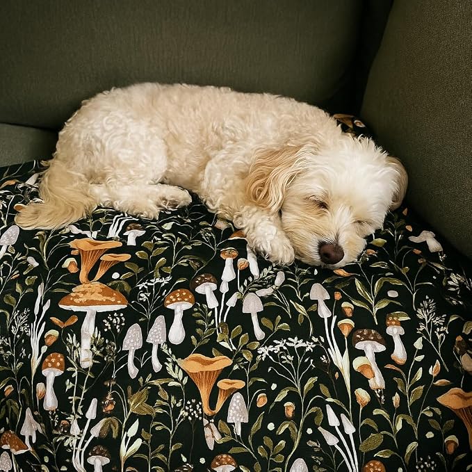 Serafina Home Mushroom Fleece Throw Blanket: Floral Forest Black Brown Beige and White, 50" x 70"